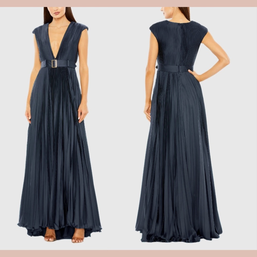 NWT IEENA MAC DUGGAL [ 2 ] 26285  Pleated Plunge Neck Belted A Line Gown Midnigh
